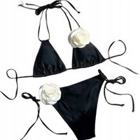 STRÓJ KĄPIELOWY BIKINI DWUCZĘŚCIOWY DUŻE OZDOBNE KWIATY WIĄZANY BLACK XL