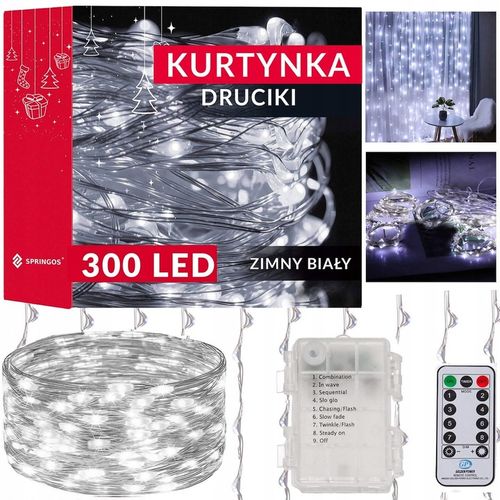 KURTYNA ŚWIETLNA NA BATERIE 300 LED LAMPKI 3x3M 8 FUNKCJI ZIMNE ŚWIATŁO na Arena.pl