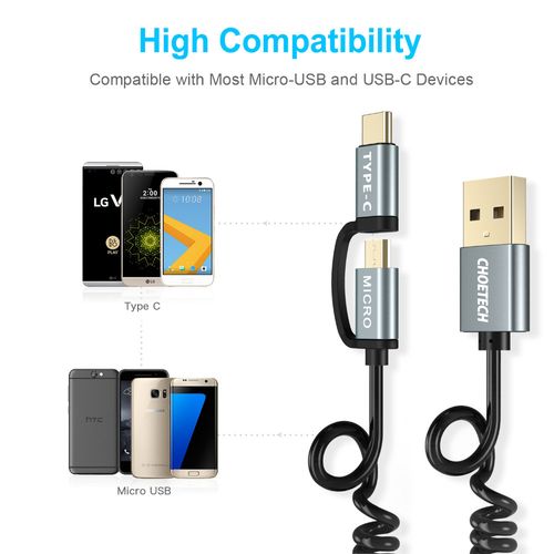 KABEL SPRĘŻYNA CHOETECH MICROUSB + USB-C 120CM na Arena.pl