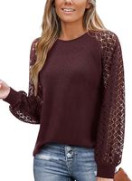 Elegancka Damska Bluzka z Koronką Bawełna Waflowa Długi Rękaw Bordowa XL