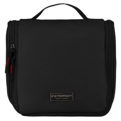 syntetyczna kosmetyczka podróżna w czarnym kolorze z haczykiem zamykana na Arena.pl