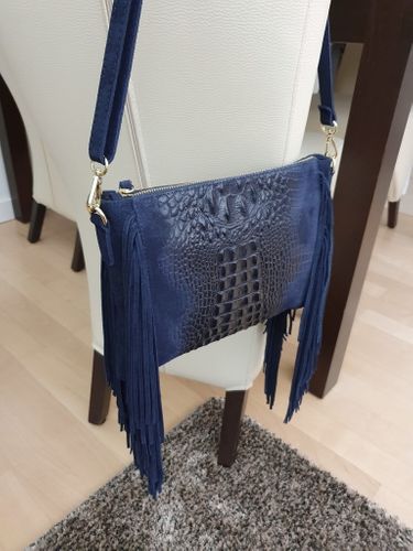 VERA PELLE torebka zamszowa listonoszka boho z frędzlami V001 granatowa na Arena.pl