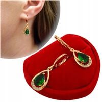 Złote kolczyki szmaragdowa zielona łezka z cyrkoniami eleganckie pozłacane
