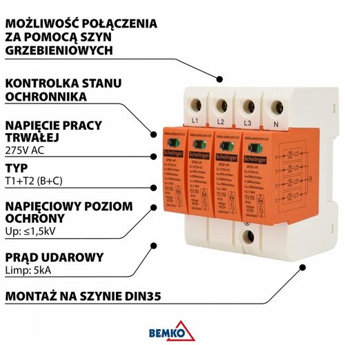 OCHRONNIK PRZEPIĘĆ 4P 5kA KLASA T1+T2 (B+C) SCHELINGER A51-SPD01-4P-B+C na Arena.pl