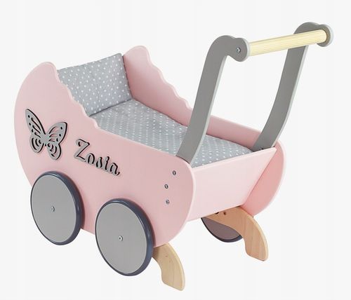 drewniany WÓZEK DLA LALEK +IMIĘ + POŚCIEL +stopery na Arena.pl