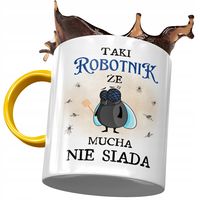 Kubek Żółty Dla Robotnika Że Mucha Nie Siada Z Nadrukiem Ze Zdjęciem