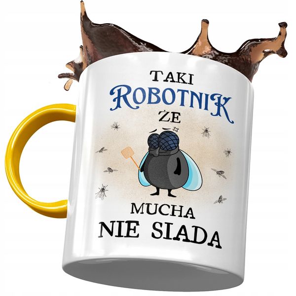 Kubek Żółty Dla Robotnika Że Mucha Nie Siada Z Nadrukiem Ze Zdjęciem zdjęcie 1