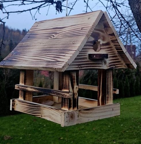 Drewniany KARMNIK XXL DLA PTAKÓW Solidny karmik opalane drewno na Arena.pl