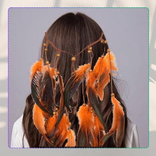 Opaska na włosy na rzemyku boho sztuczne pióra pomarańczowe na Arena.pl