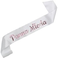 Panna Młoda - biała szarfa z różowozłotym nadrukiem