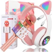 ZESTAW SŁUCHAWKI KOCIE USZY + MIKROFON KARAOKE BLUETOOTH LED RGB NA PREZENT