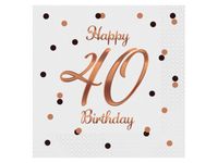 Serwetki, B&C Happy 40 Birthday białe, nadruk różowo-złoty, 33cmx33cm20 szt
