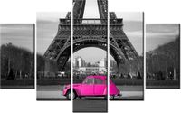 70 100CM OBRAZ 5 ELEM RÓŻOWE AUTKO PARYŻU DRUK PŁÓTNO