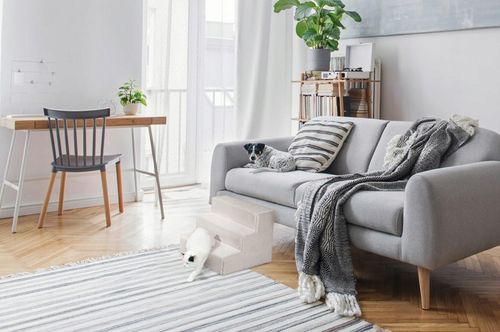 Schodki dla psa 3-stopnie tapicerowane jasnoszare podest dla psa do kanapy na Arena.pl