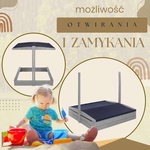Piaskownica drewniana z daszkiem 120x120 cm z ławeczkami, funkcją zamyknia, włókniną, szara na Arena.pl
