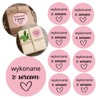 Naklejki RÓŻOWE na paczki WYKONANE Z SERCEM 8 szt. OKRĄGŁE ZESTAW