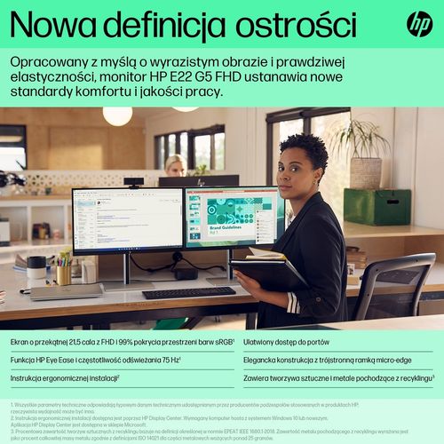Monitor HP E22 G5 FullHD 21.5 cali IPS 75Hz 1920x1080 HDMI DisplayPort pivot VESA 6N4E8AA na Arena.pl