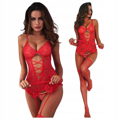 BIELIZNA DAMSKA EROTYCZNA KORONKOWE BODY + POŃCZOCHY + PASKI + STRINGI na Arena.pl