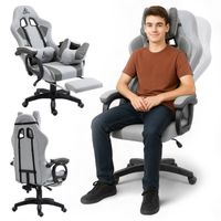 fotel gamingowy obrotowy student, podnóżek i poduszka masująca, szary