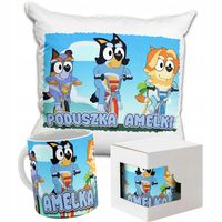 ZESTAW KUBEK PODUSZKA BLUEY BLUE NADRUK IMIĘ KSYWKA