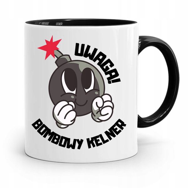Dla Kelnera Kubek Czarny Uwaga Bombowy Kelner! Z Nadrukiem Ze Zdjęciem zdjęcie 1