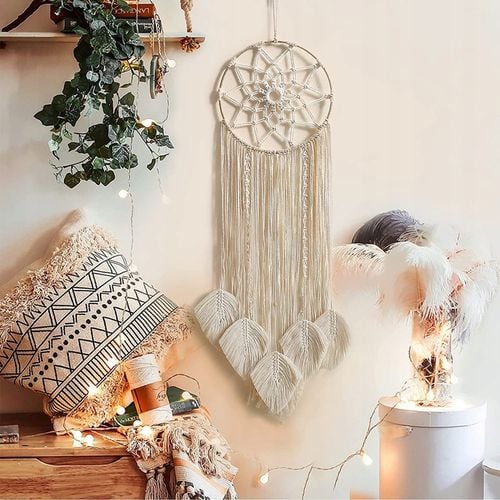 MAKRAMA NA ŚCIANĘ BOHO ŁAPACZ SNÓW OZDOBA ŚCIENNA ZE SZNURKA LIŚCIE OZDOBNE na Arena.pl