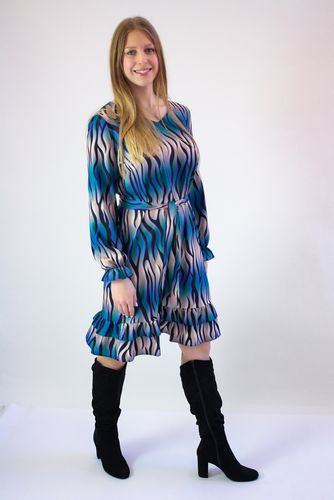 Sukienka ​​à la Zeberka z Falbanką MIDI Czarno-Beżowo-Niebieska 46 na Arena.pl