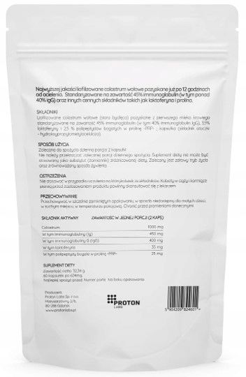 Proton Labs - Colostrum Liofilizowane 45% immunoglobulin 1000 mg | 60 kaps. zdjęcie 2