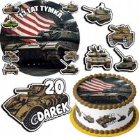 ZESTAW OPŁATEK NA TORT 20CM + 17 POSTACI - WOJSKO CZOŁG + IMIĘ 15CM 18CM