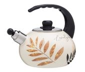 Czajnik emaliowany FIORELLO 2,2 l  INDUKCJA napis Lovely kitchen kremowy beżowe czarne liście palmy