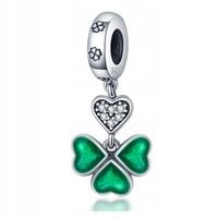 Zawieszka SREBRO 925 Charms Koralik Zielona Koniczyna Czterolistna