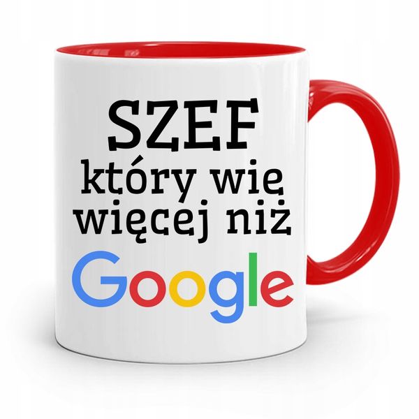 Kubek Czerwony Dla Szefa Wie Więcej Niz Google Z Nadrukiem Ze Zdjęciem zdjęcie 1