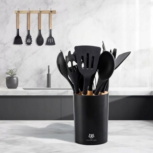 PRZYBORY KUCHENNE SILIKONOWE 12el czarne ZESTAW PRZYBORÓW KUCHENNYCH STOJAK na Arena.pl