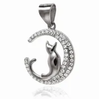 DELIKATNY RODOWANY SREBRNY WISIOREK KOTEK KOT NA KSIĘŻYCU BIAŁE CYRKONIE