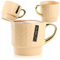 CERAMICZNY KUBEK NA KAWĘ HERBATĘ MORELOWY ZDOBIONY ZE ZŁOTYM UCHEM 340ML