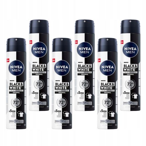 NIVEA MEN Black White Antyperspirant w sprayu męski pod pachy 72H 200ml x 6 na Arena.pl