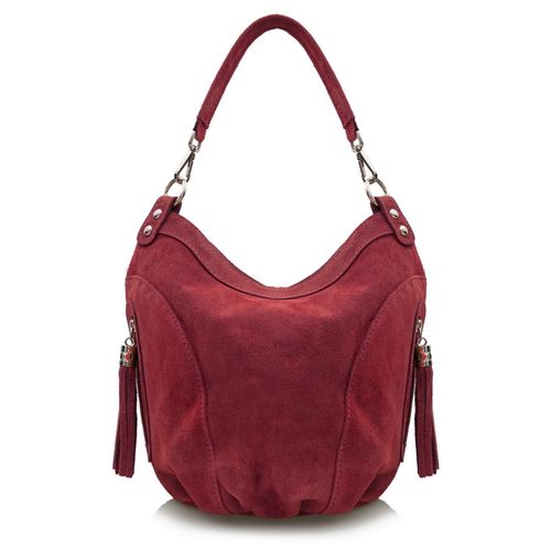 VERA PELLE torebka zamszowa worek z frędzelkami i paskiem V322 bordowa na Arena.pl