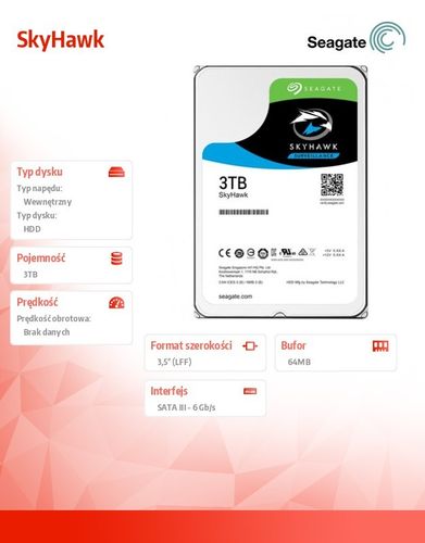 Seagate SkyHawk 3TB 3,5'' 64MB ST3000VX010 na Arena.pl