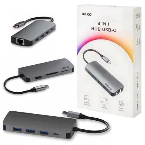 Hub Usb C 8w1 Stacja Dokująca 100W HDMI 4K 60Hz 3xUSB LAN SD DEKO BUSINESS na Arena.pl