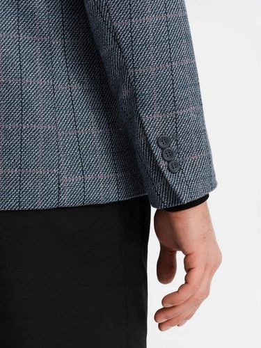 Żakardowa marynarka męska w delikatną kratę grafitowa V1 OM-BLZB-0119 M na Arena.pl