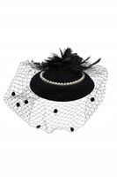 Elegancki czarny Fascynator kapelusz z woalką i perełkami retro vintage