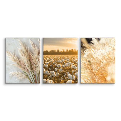 Obrazy Do Sypialni Set Pejzaż Zachód Słońca Trawy Bawełna Boho 90cm x 40cm na Arena.pl