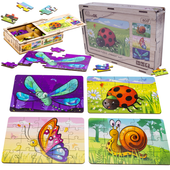 Drewniane Puzzle 4W1 Owady Układanka Zestaw Zwierzątka Biedronka Ślimak