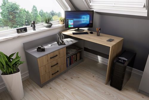 Funkcjonalne biurko narożne Omega - 3 szuflady - grafit / dąb artisan na Arena.pl