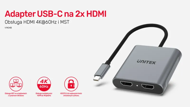 Unitek Adapter USB-C na 2x HDMI 4K MST zdjęcie 3