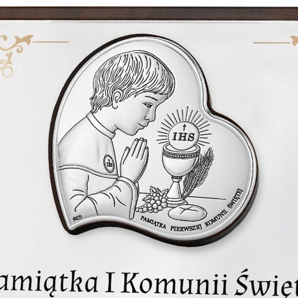 SREBRNY obrazek prezent na KOMUNIĘ z NADRUKIEM Pamiątka Komunii Chłopca zdjęcie 4