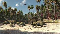 FOTOTAPETA LAS SKAŁY DINOZAURY DRZEWA 3D 260x180