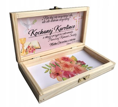 Pamiątka komunii świętej w drewnianym pudełku IMIĘ na Arena.pl