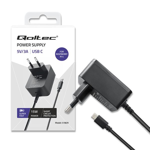 Qoltec Ładowarka Super FAST PD do Raspberry PI 4 USB-C 15W 5V 3A Czarna zdjęcie 1