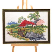 Obraz Haftowany Ręcznie – Krajobraz z Domem 30x42 cm Dekoracja Handmade